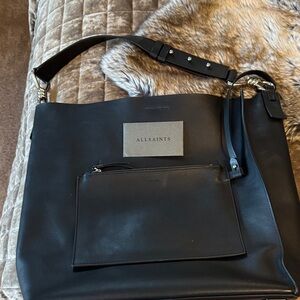 All Saints Black Leather Shoulder Bag with inside carryall.